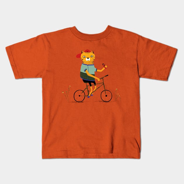 cat on bike Kids T-Shirt by sezindarendeillustrations